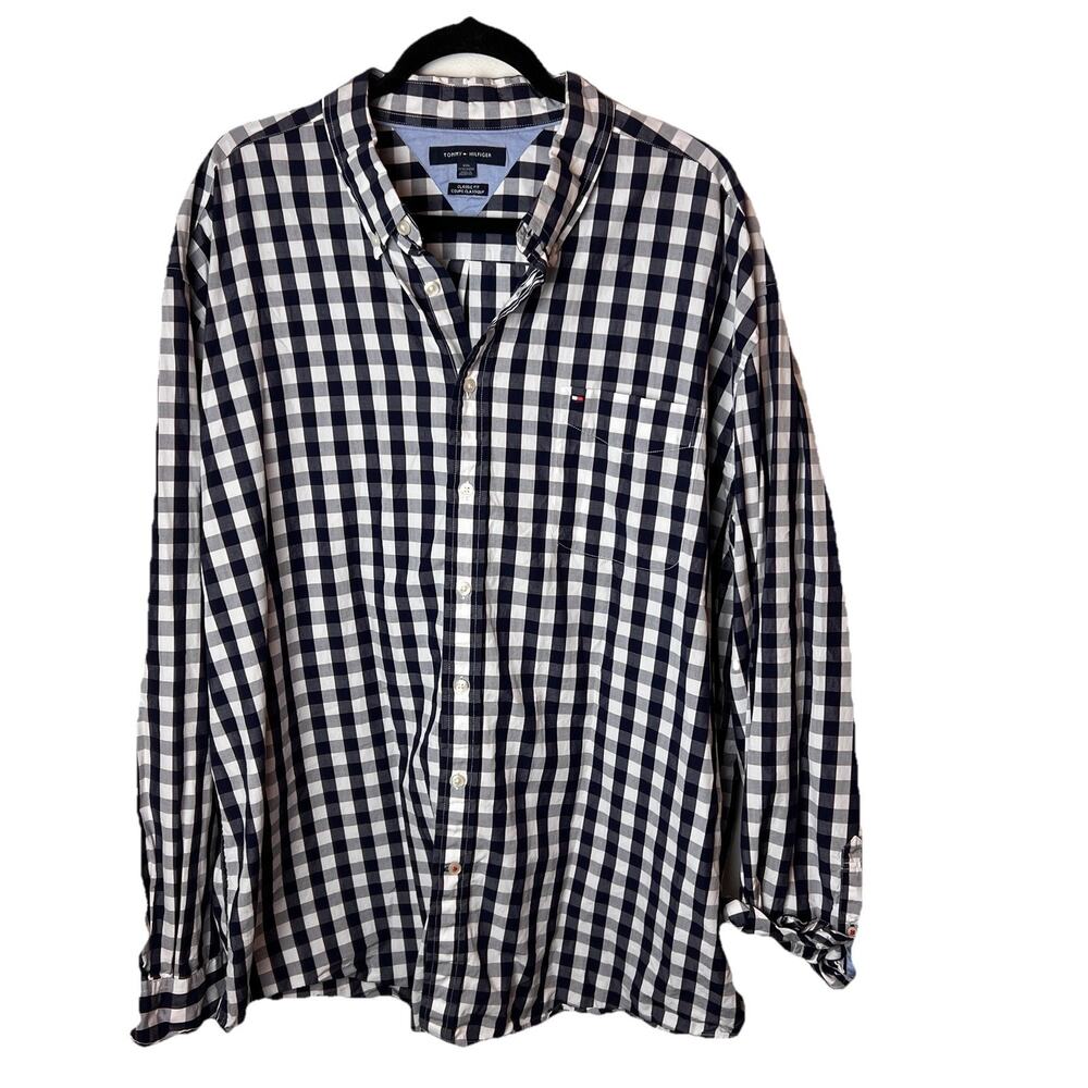 Tommy Hilfiger Shirt Men XXL Blue White Gingham Check Preppy Button Down Office